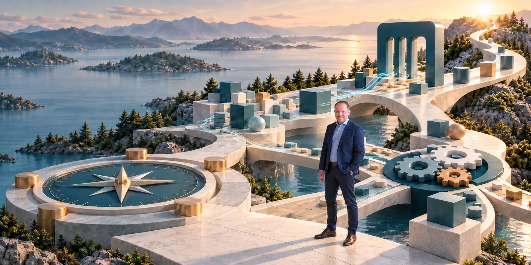 Henrik Miltz står i et visuelt landskab, der forbinder strategi, digitalisering, processer og handling